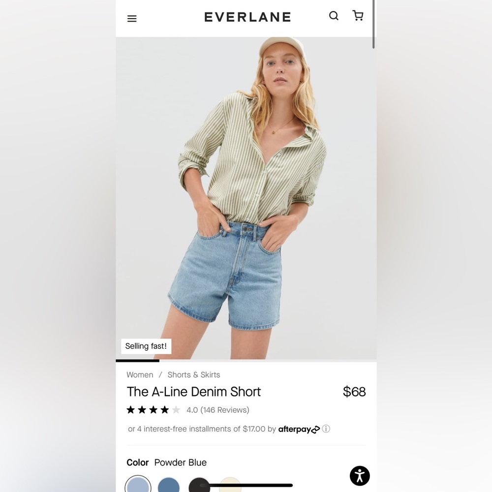 Everlane “The A-Line Denim Short” in Powder Blue size 32